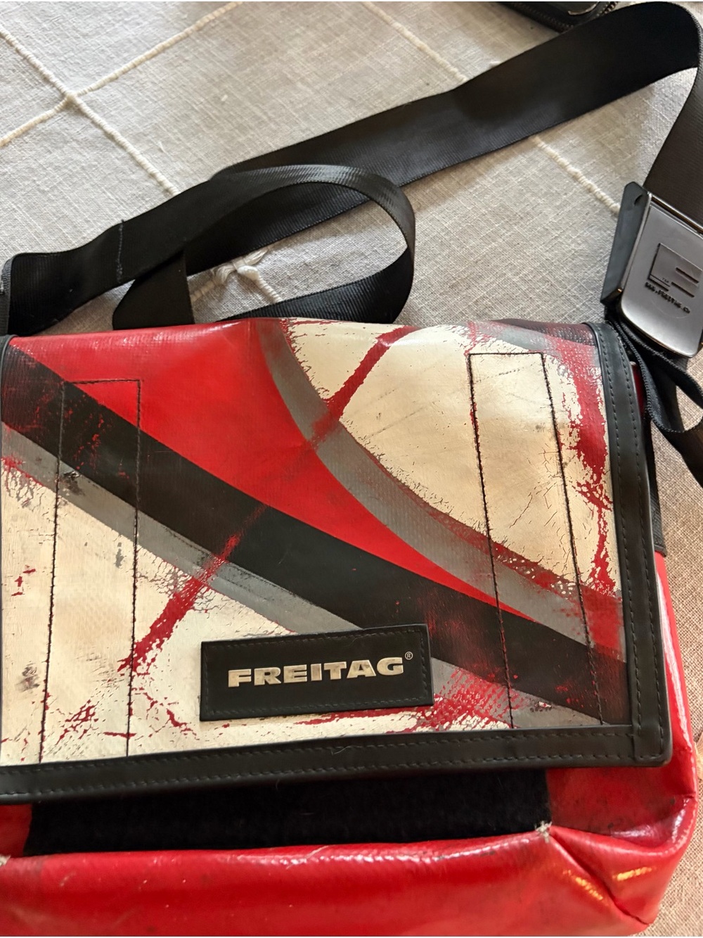 FREITAG Red & White Men's Messenger Bag with Black Accent